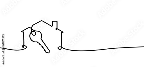 Cartoon house line pattern. Home icon or symbol. One continuous line drawing. buildings or houses logo. cylinder key icon. For open and closed the door. For sale idea.