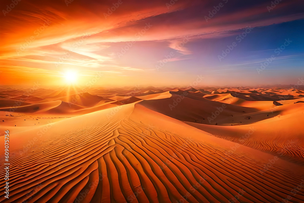 A sprawling desert landscape with towering sand dunes stretching as far as the eye can see, their graceful curves and ripples casting fascinating patterns