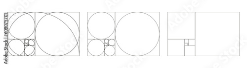 Golden ratio template set. Method golden section. Fibonacci array, numbers. Harmony proportions collection. Outline vector illustration.	