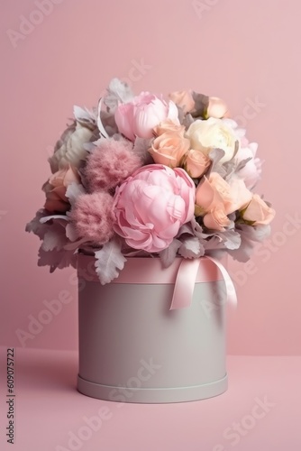 Bouquet of beautiful flowers in a round luxury present box. Peonies, and roses on pink background. 