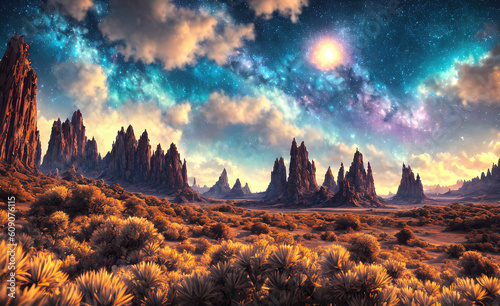 Landscape of an alien planet, beautiful view of red desert on another planet, fictional sci-fi background. Generative AI.