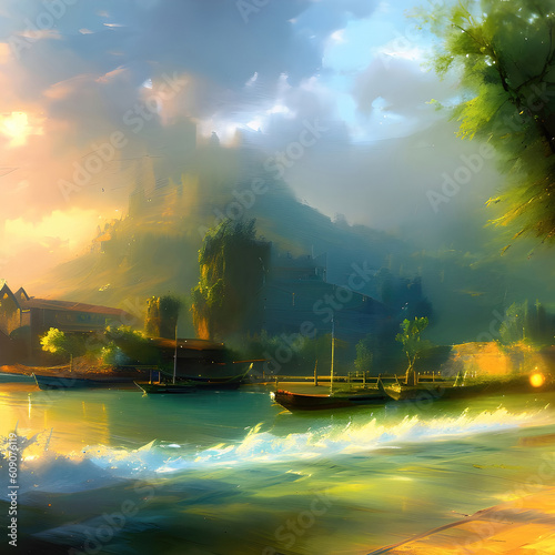 Summer landscape beautiful and moody oil paint, countryside river bank with boats. Generative Ai. © Cobalt