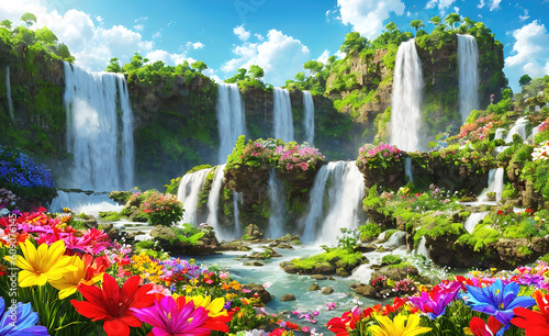 Foto Paradise land with beautiful  gardens, waterfalls and flowers, magical idyllic background with many flowers in eden