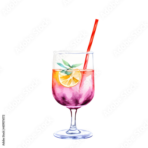 Glass of pink cocktail with mint and fresh lemon. Hand drawn watercolor vector illustration.
