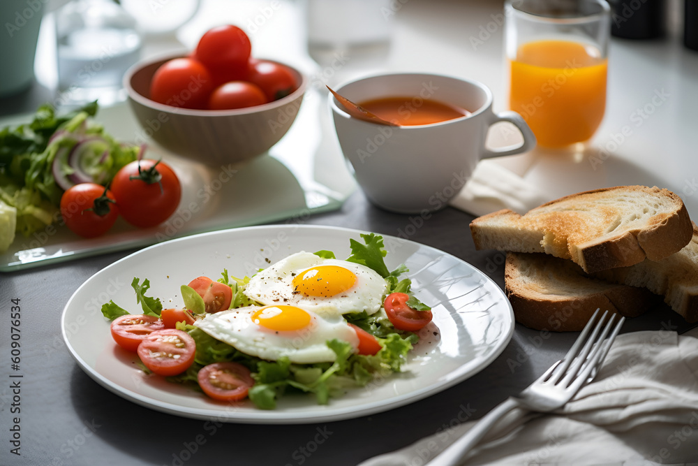 Traditional breakfast with fried eggs, toast and salad on the plate. AI generated Traditional breakfast with fried eggs, toast and salad on the plate. AI generated