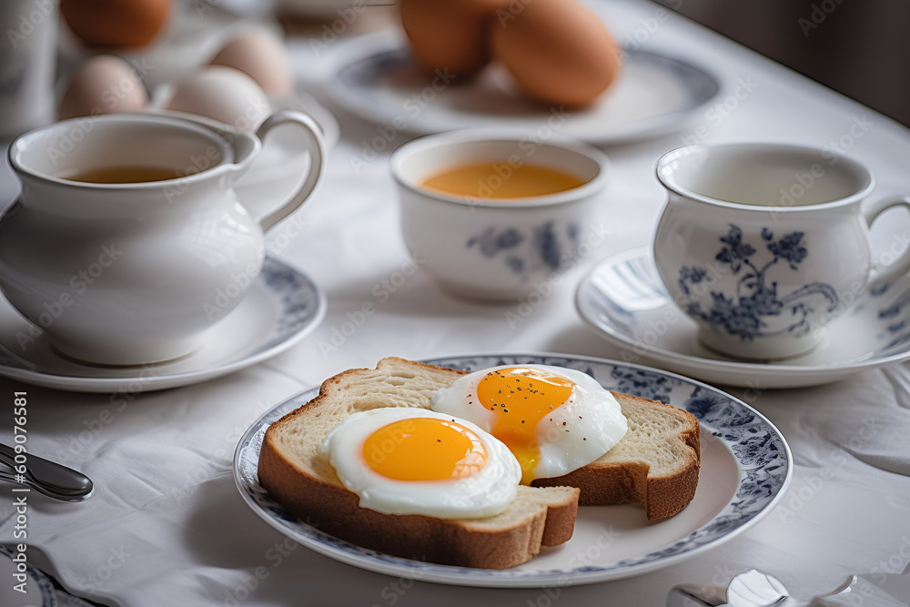 Traditional breakfast with fried eggs and toasts on the plate. AI generated