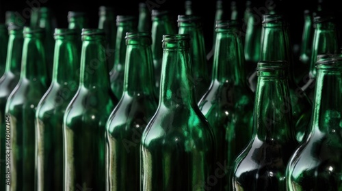 Green glass bottle at factory for production of glass containers. Many of transparent green glass bottle into row, close up. Generative AI.