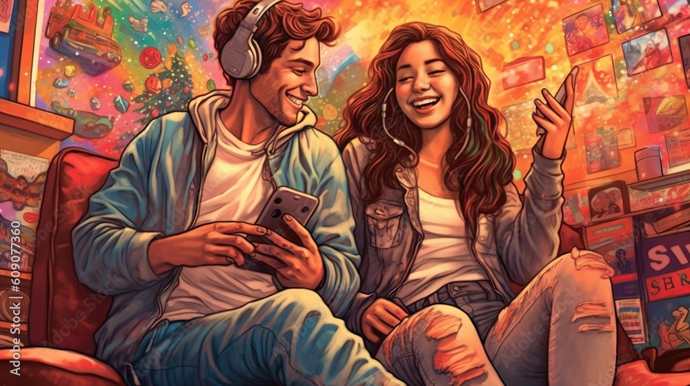 A young couple shares fun moments on social media. Spend time together. in love Everyday life.Generative ai. A young couple shares fun moments on social media. Spend time together. in love Everyday life.Generative ai.