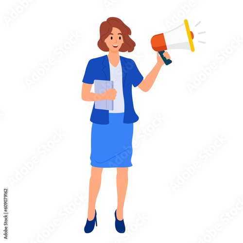 Beautiful woman holding megaphone for announcement. Flat vector illustration on white background for business marketing and advertising.