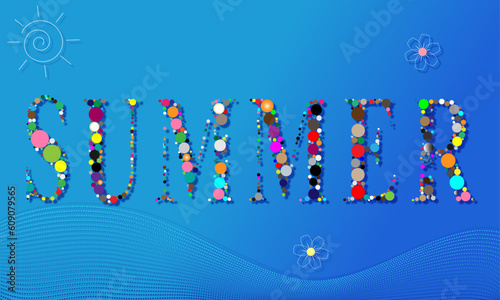 Summer blue background with circles, flowers and waves 