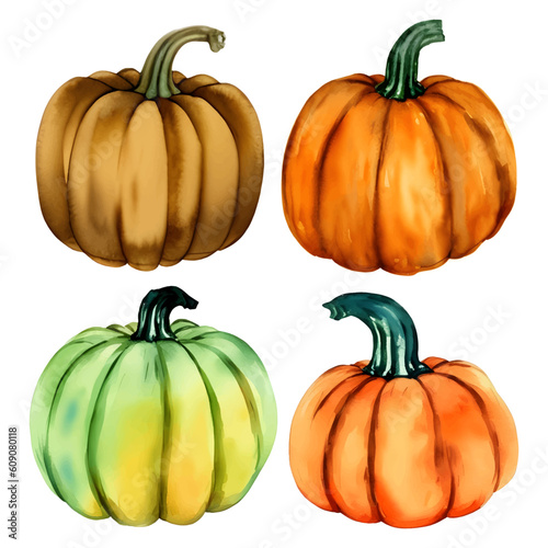 Set of pumpkins of different shapes and colors with stalks, isolated on white background. Hand-drawn watercolor illustration. Harvest.