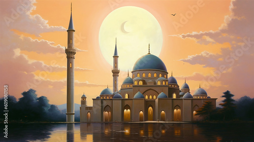 painting digital art mosque at the night view. generative ai