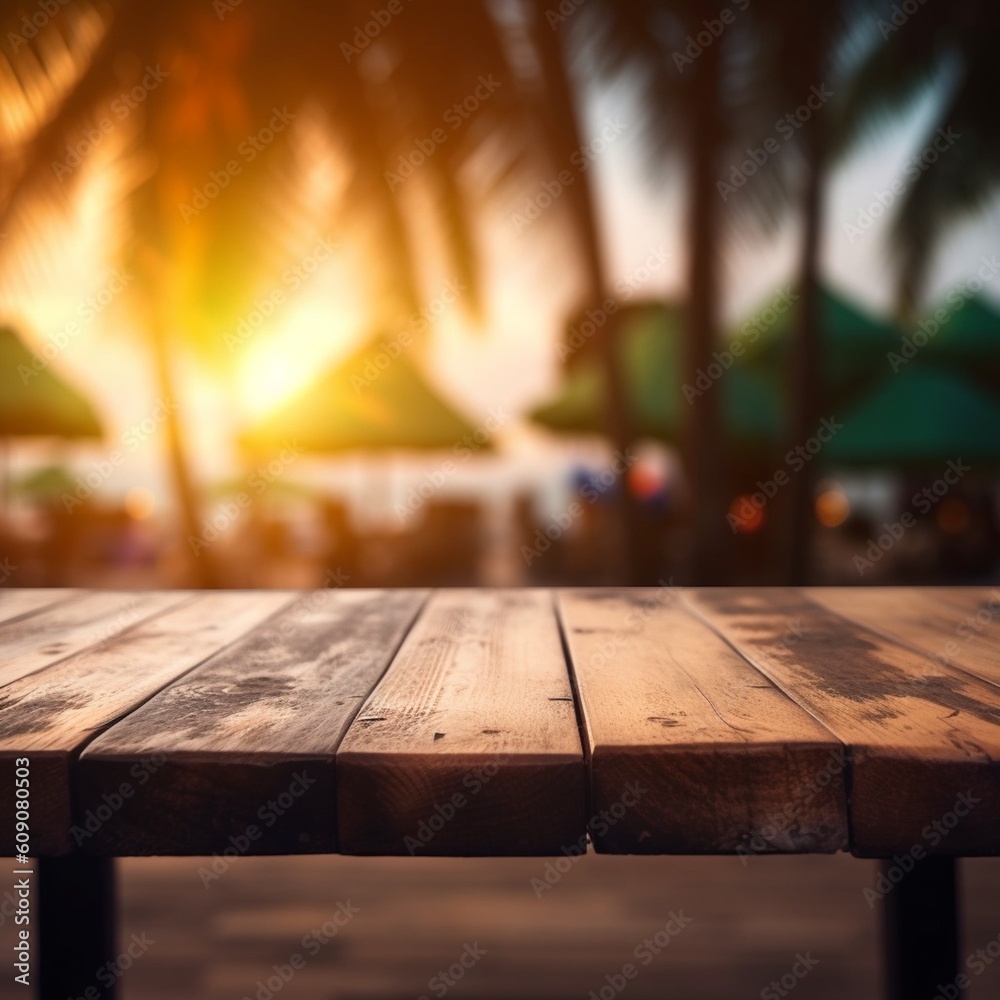 wooden empty table for mock up against blurred background with bokeh Empty wooden table top product display showcase stage. Tropical summer sunset beach bar Ai generative wooden empty table for mock up against blurred background with bokeh Empty wooden table top product display showcase stage. Tropical summer sunset beach bar Ai generative