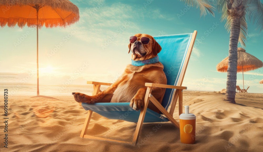 A dog in sunglasses sits on the beach with a cocktail is sitting in a beach chair. Horizontal banner. The concept of a summer holiday by the sea. Created with generative AI technology