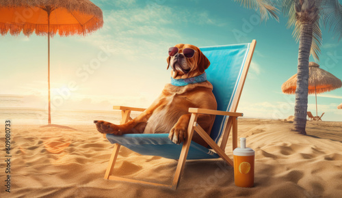 A dog in sunglasses sits on the beach with a cocktail is sitting in a beach chair. Horizontal banner. The concept of a summer holiday by the sea. Created with generative AI technology photo