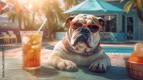 An English bulldog dog in sunglasses sits at the bar with a cocktail. The swimming pool is in the background. The concept of a summer holiday by the sea.  © Татьяна Прокопчук