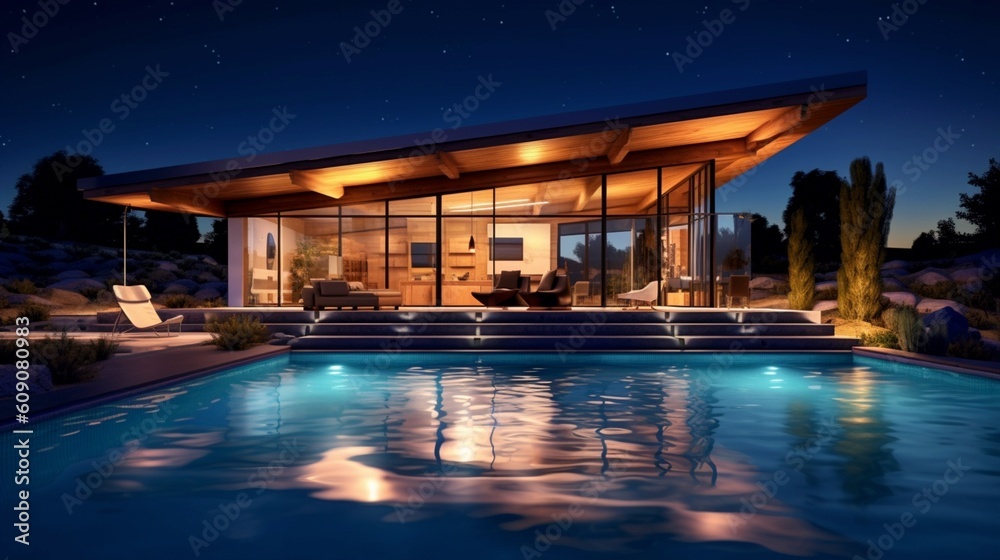 Modern house with pool at night lighting view. Generative AI.