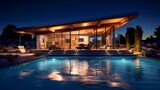 Modern house with pool at night lighting view. Generative AI.