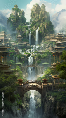 landscape shot of a beautiful chinese village , ai, ai generative, illustration
