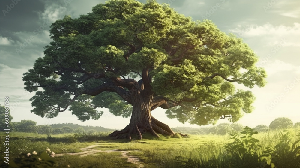 Naklejka premium Old big tree in the meadow. generative ai