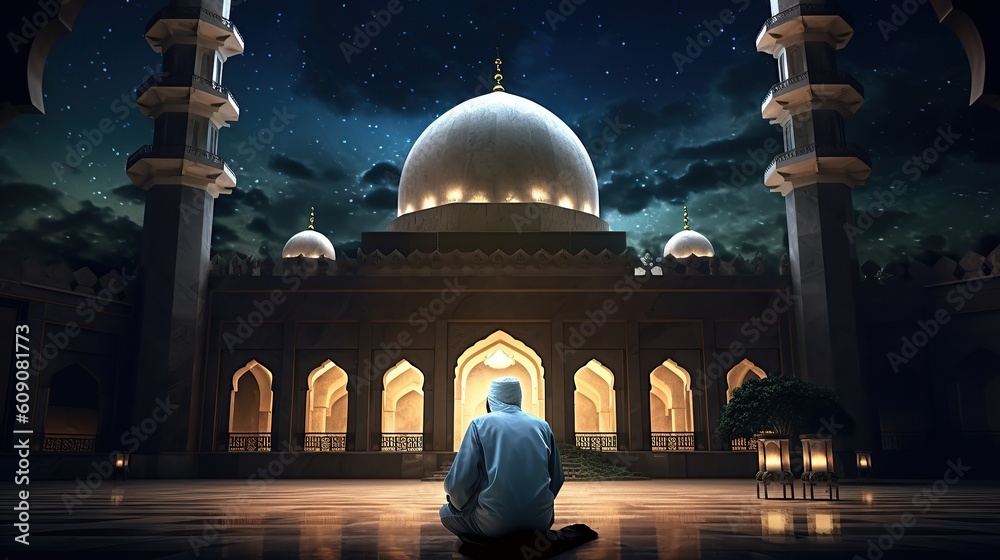 Muslim old man praying on a mosque with starry and crescent moon moon ...