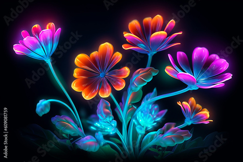 neon light flower with black background. generative ai