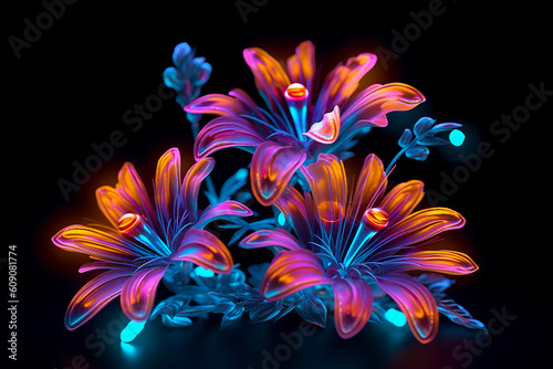 abstract neon black background with flowers. generative ai
