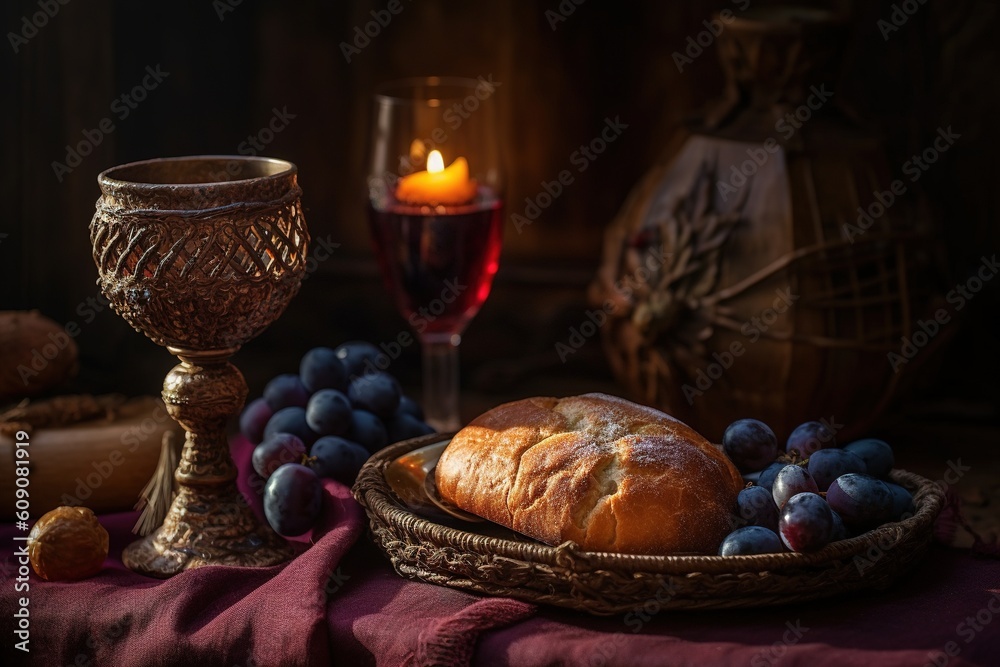 Religious Feast of Corpus Christi. Holy communion in church. Taking holy . Priest celebrate mass at the church. Cup with red wine, bread. Eucharist. Christian Catholic prays, holy grail.