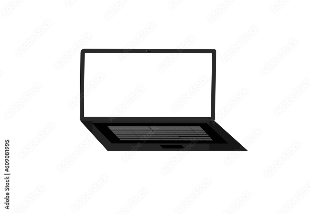 Black slim laptop or notebook mockup open with blank screen for presentation, add text or interior decoration design. Blank device mockup, 3D rendering, isolated on white background with clipping path Black slim laptop or notebook mockup open with blank screen for presentation, add text or interior decoration design. Blank device mockup, 3D rendering, isolated on white background with clipping path
