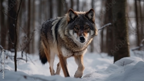 Gray wolf in winter forest. Wolf in the nature habitat.generative ai