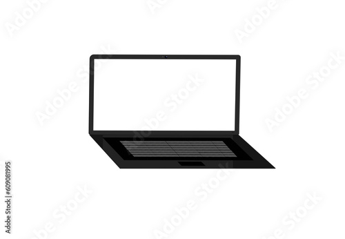 Black slim laptop or notebook mockup open with blank screen for presentation, add text or interior decoration design. Blank device mockup, 3D rendering, isolated on white background with clipping path