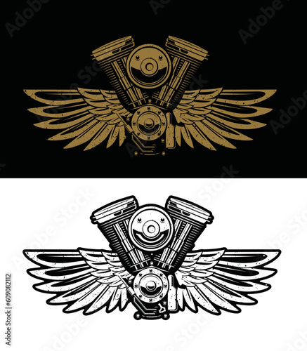motor engine with wings, smile face, illustration