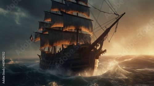 A pirate ship in the sea , ai, ai generative, illustration