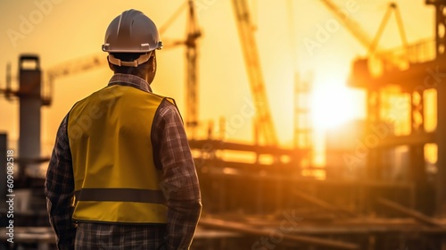 A man in a helmet looks at a construction site at sunset. Generative AI
