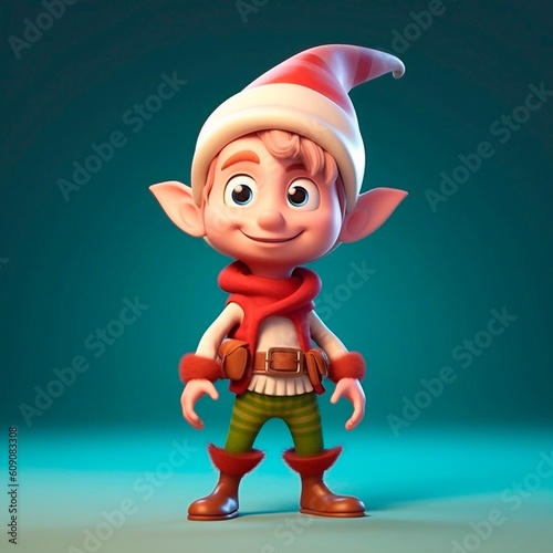 Christmas fairy tale character elf 3d illustration. Magic fairytale elf print for clothes, stationery, books. Toy Elf 3D character banner, background. Christmas and New Year. Santa\'s helper.