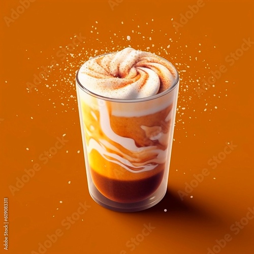 Delicious coppuccino in a glass cup vector illustration. Hot coffee banner. Coffee with milk and cream illustration. Coffee drink. Generative ai. photo