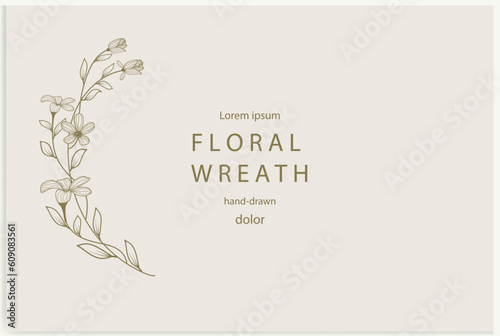 Hand-drawn line floral frame. Elegant vintage wreath. Vector illustration.
