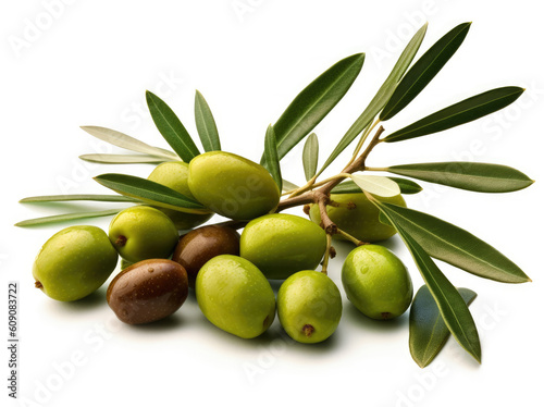 Olive branch with green olives isolated on a white background