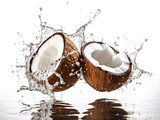 Two halves of coconut with water splash, white background