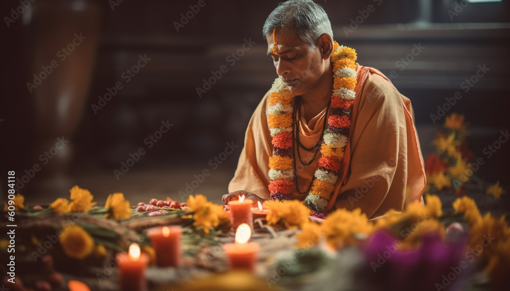 One man meditating, holding candle, serene outdoors generated by AI