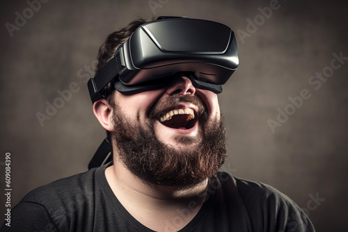Smiling positive man wearing virtual reality goggles headset, Generative AI © Paulius