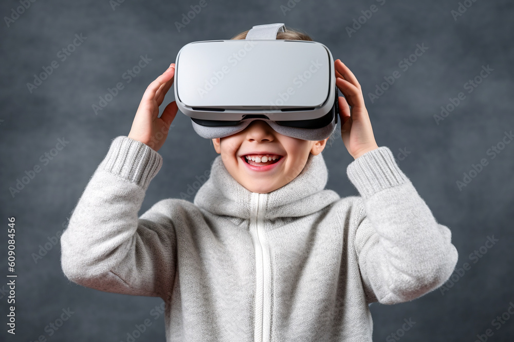 Smiling positive boy wearing virtual reality goggles headset, Generative AI Smiling positive boy wearing virtual reality goggles headset, Generative AI