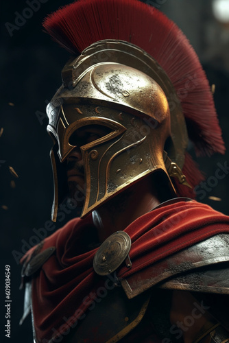 Illustration of a Spartan warrior in traditional armor, and a Corinthian helmet, ancient Greek military. ai generated 