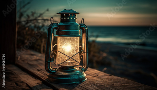 Rustic lantern glows in the dark night generated by AI