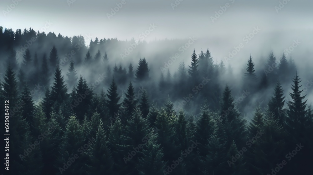 Foggy pine forest wallpaper, gold illustration for product presentation template, copy space dark background. Ai generative