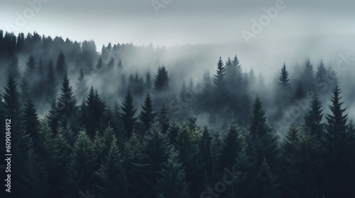 Foggy pine forest wallpaper, gold illustration for product presentation template, copy space dark background. Ai generative