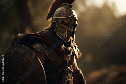 Illustration of a Spartan warrior in traditional armor, and a Corinthian helmet, ancient Greek military. ai generated