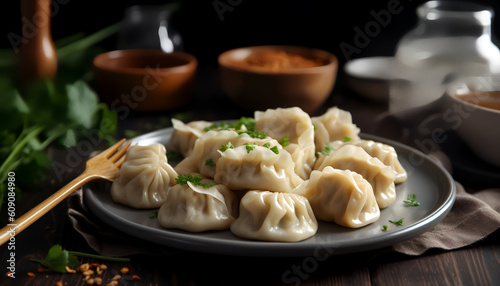 Indulge in a plate of mouthwatering dumplings, known as varenyky, beautifully presented on a grey wooden table. Each dumpling is a culinary masterpiece, filled with savory ingredients and lovingly