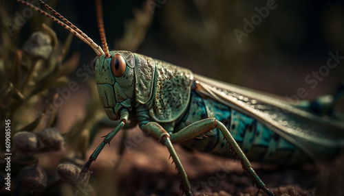 Green locust on leaf, magnified in nature generated by AI © Jeronimo Ramos