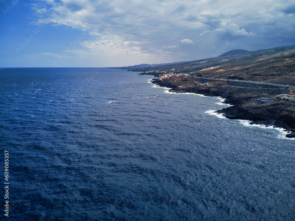 Volcanic coast of the island of Tenerife as seen from a drone